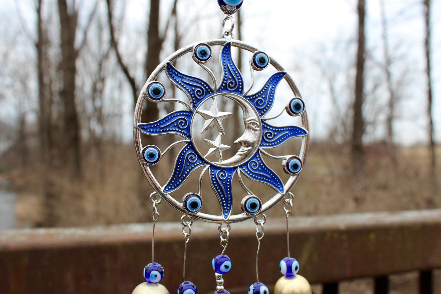 Sun Moon and Stars Evil Eye Hanger ~ Protection ~ 2” Beautiful indigo glass ~ 14”x4” ~ Bells~ Jeweled type hanger ~