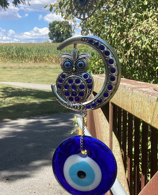 Owl Evil Eye Hanger ~ New Beginnings and Protection ~ Beautiful ~ 9"  long x 3” wide ~ Dark Blue Glass Jewel  2.25” ~ Imported~