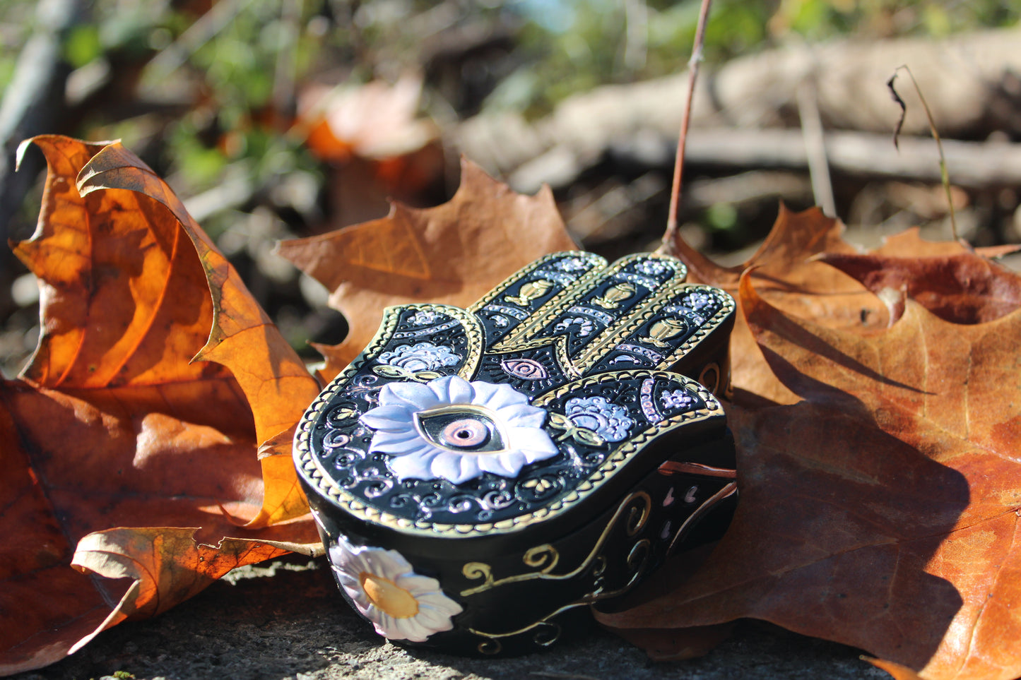 Black and Metallic Hamsa Jewelry Trinket Decorative Box ~ Beautiful ~ Incense Burner Hole ~ 4.5”x3.25”x1.25”