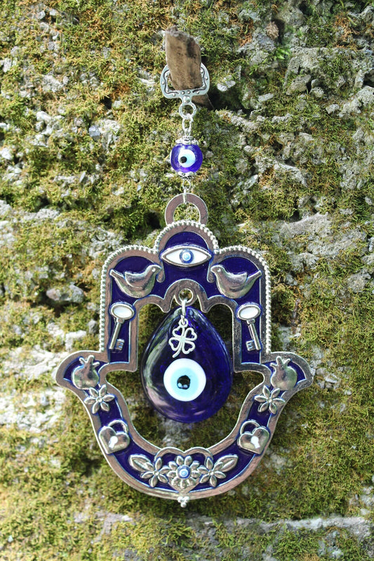 Hamsa Hand Evil Eye Hanger ~  New Beginnings and Protection ~ Teardrop 1.5” indigo glass ~ 7”x4” ~ Metal and Glass ~