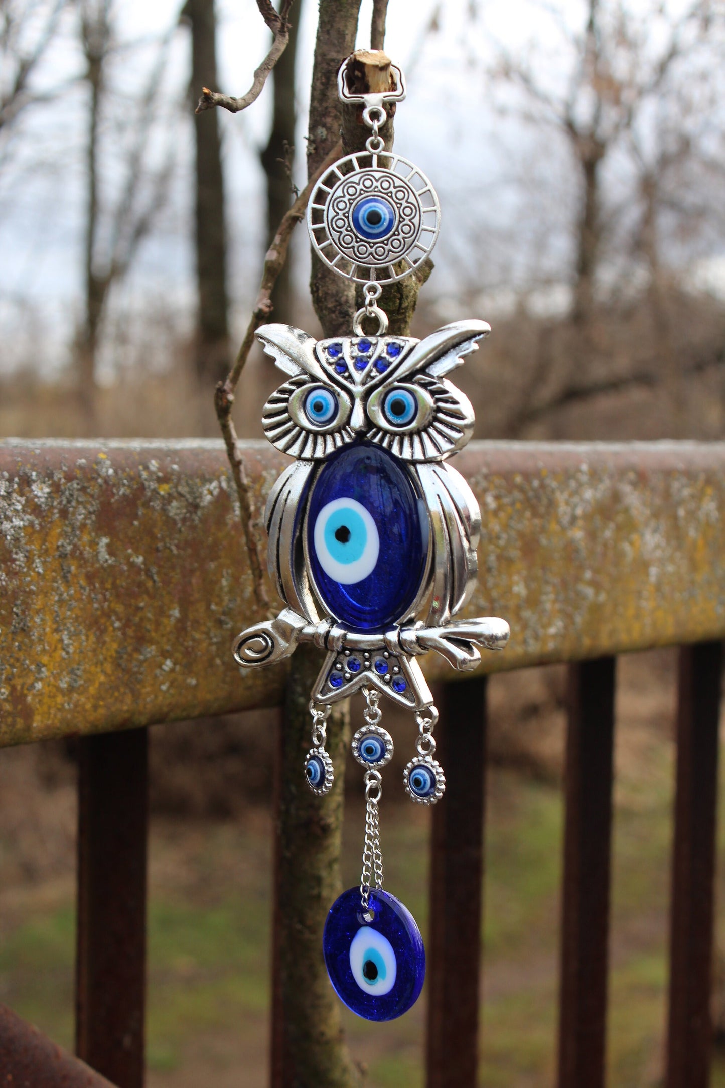 Owl Evil Eye Hanger ~ New Beginnings and Protection ~ Blue 2” indigo glass ~11.5” long ~Owl 3.5”x4” ~ Metal~ Imported~