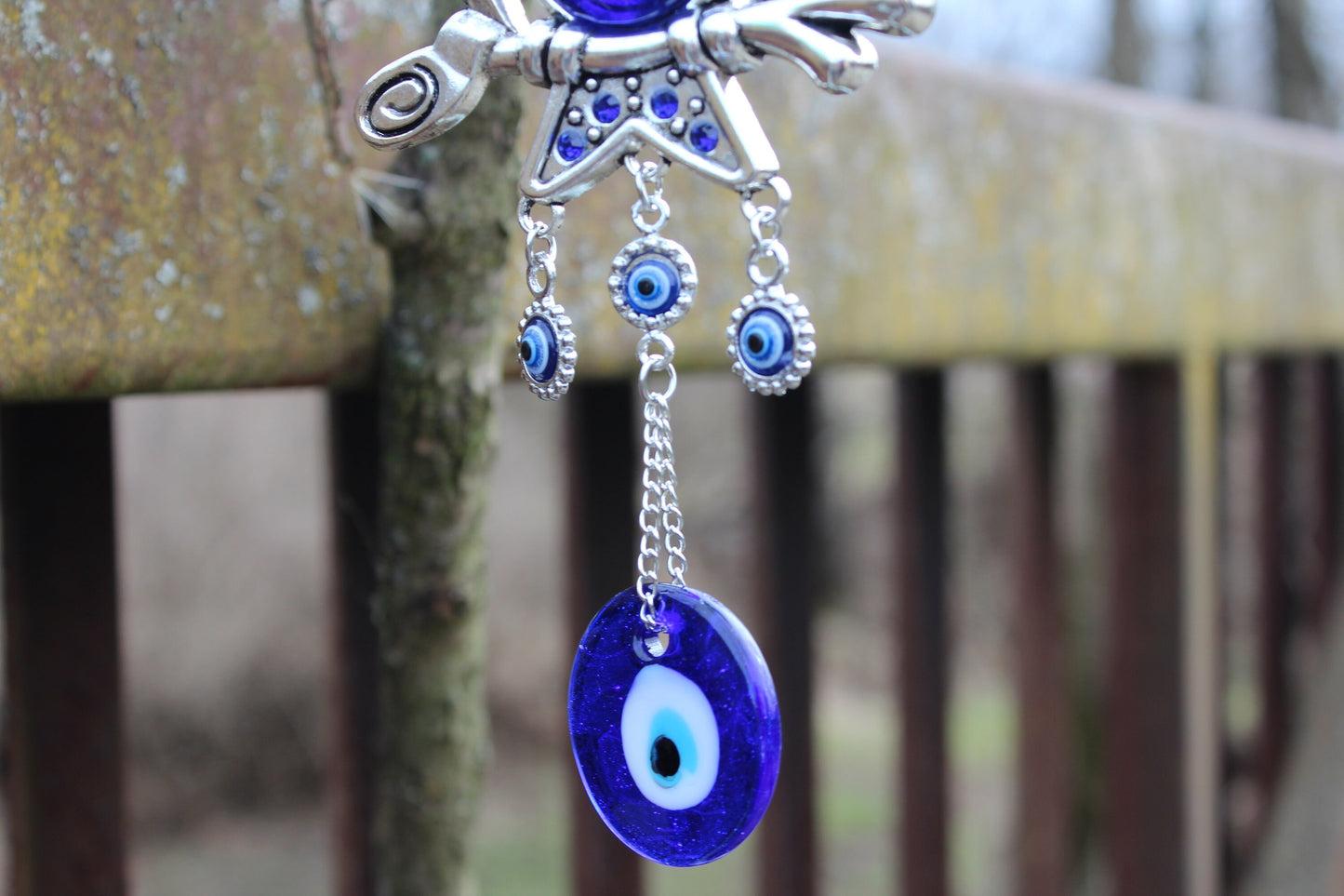 Owl Evil Eye Hanger ~ New Beginnings and Protection ~ Blue 2” indigo glass ~11.5” long ~Owl 3.5”x4” ~ Metal~ Imported~