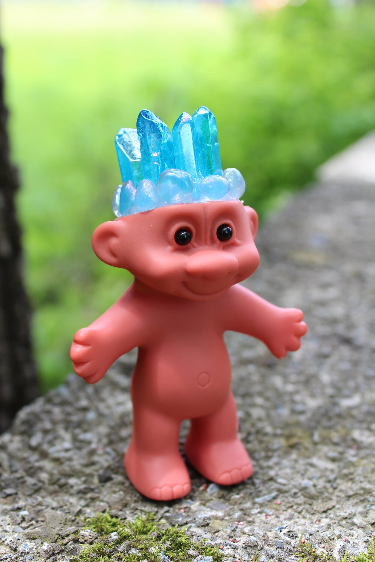 Aura Iridescent Clear Quartz Crystal Troll Doll  ~ 4” tall ~ Handmade ~ Vinyl Vintage Replica ~ Blue Pink Red  ~