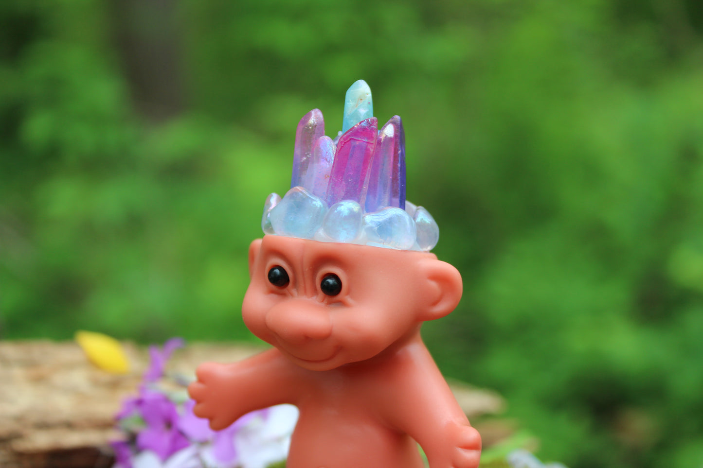 Aura Iridescent Pink and Blue Clear Quartz Crystal Troll Doll  ~ 4” tall ~ Handmade ~ Vinyl Vintage Replica