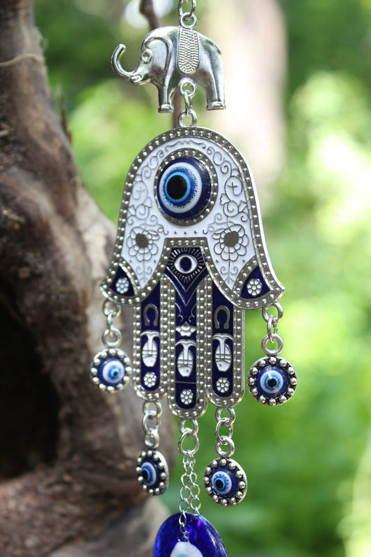 Hamsa Evil Eye Hanger ~ New Beginnings and Protection ~ 7”long x 2.75” wide ~ Blue Eye 1” ~ Imported~ Red or Blue Hamsa ~