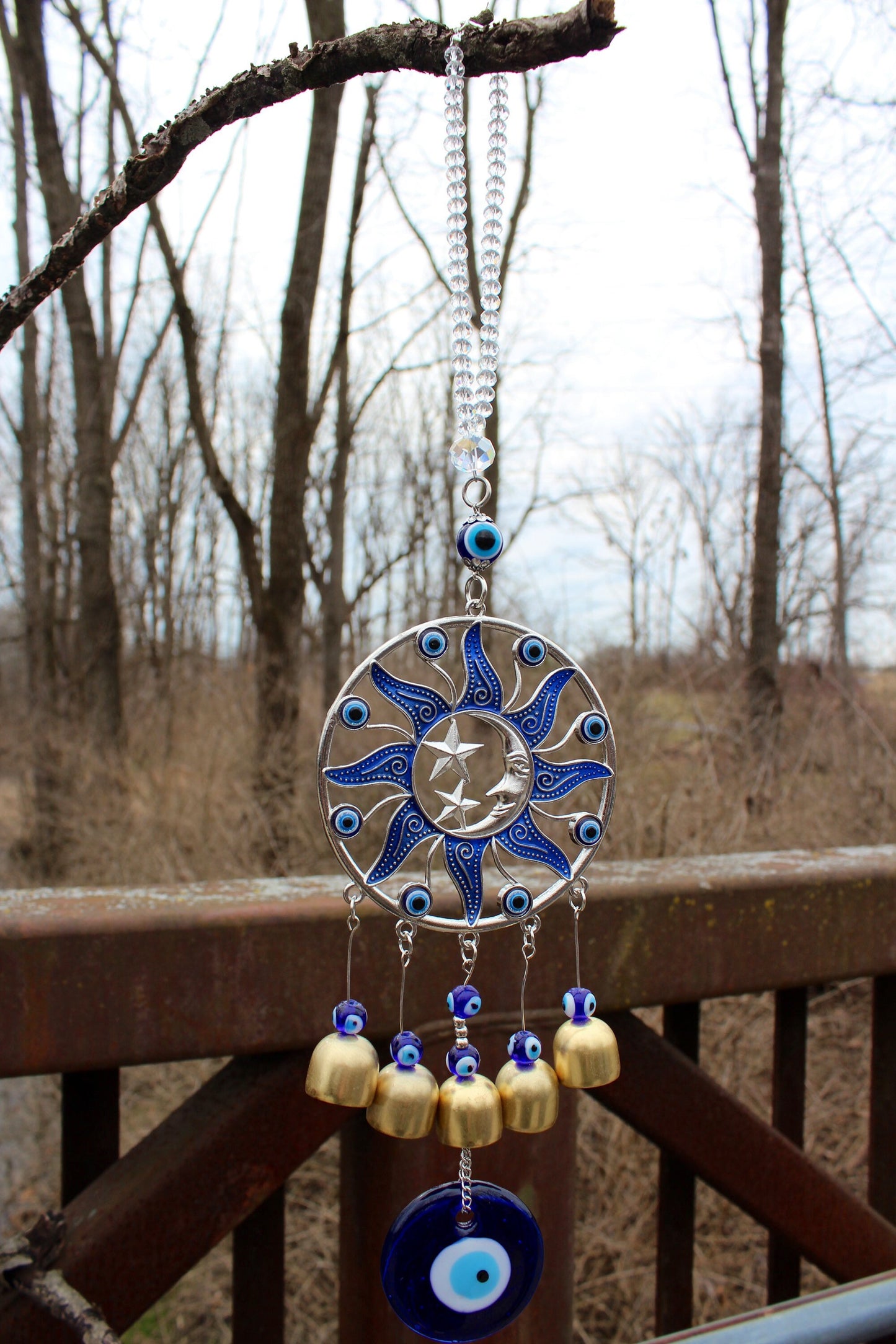 Sun Moon and Stars Evil Eye Hanger ~ Protection ~ 2” Beautiful indigo glass ~ 14”x4” ~ Bells~ Jeweled type hanger ~