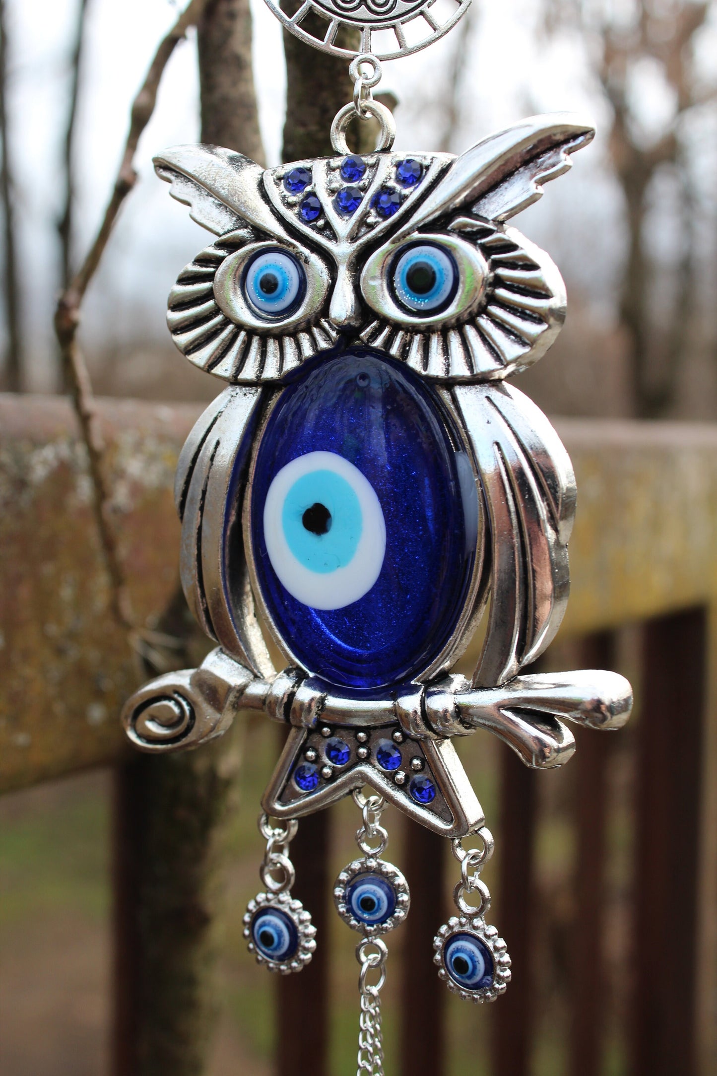 Owl Evil Eye Hanger ~ New Beginnings and Protection ~ Blue 2” indigo glass ~11.5” long ~Owl 3.5”x4” ~ Metal~ Imported~