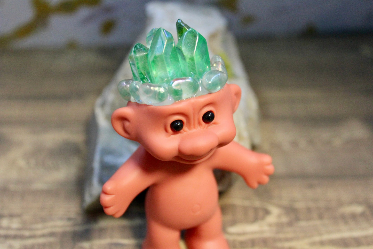 Aura Iridescent Clear Quartz Crystal Troll Doll  ~4” tall ~ Handmade ~ Vinyl Vintage Replica ~ Green Blue and Red ~