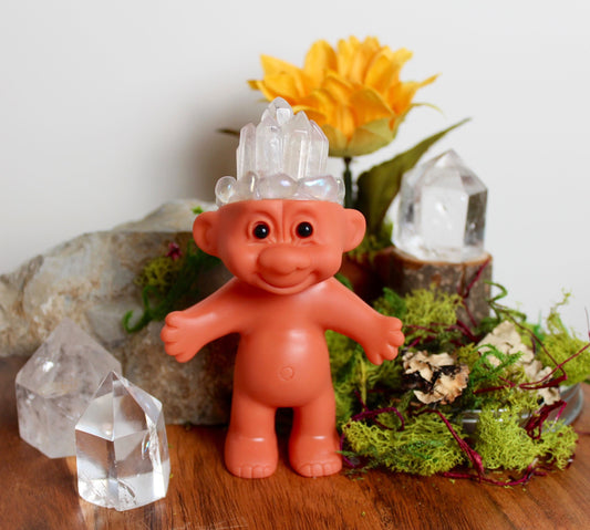 Clear Quartz Crystal Troll Doll ~ 4” ~ Handmade ~ Vinyl Vintage ~ Aura Iridescent ~