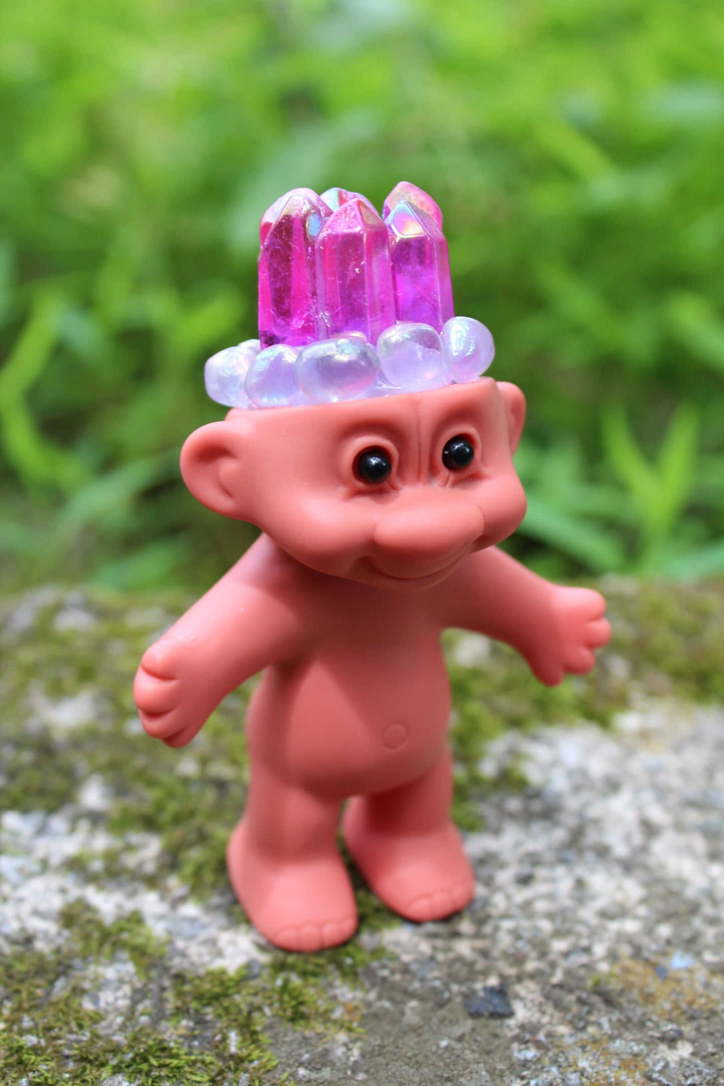 Aura Iridescent Clear Quartz Crystal Troll Doll  ~ 4” tall ~ Handmade ~ Vinyl Vintage Replica ~ Blue Pink Red  ~