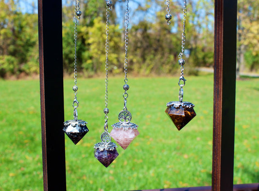 Orgonite Diamond Style Crystal Chip Pendulums ~ Rose Quartz ~ Snowflake Obsidian ~ Amethyst ~ Tigers Eye ~ 12” Tree of Life ~