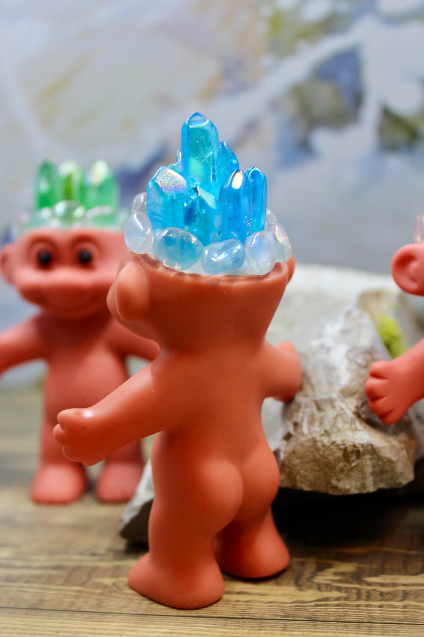 Aura Iridescent Clear Quartz Crystal Troll Doll  ~4” tall ~ Handmade ~ Vinyl Vintage Replica ~ Green Blue and Red ~