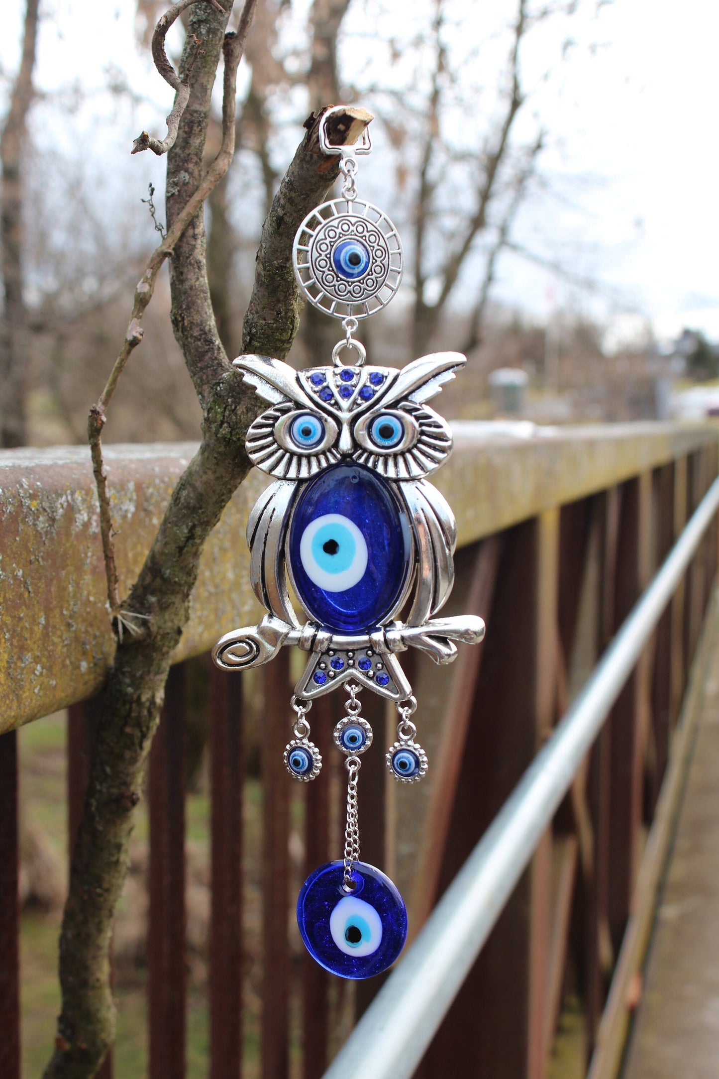 Owl Evil Eye Hanger ~ New Beginnings and Protection ~ Blue 2” indigo glass ~11.5” long ~Owl 3.5”x4” ~ Metal~ Imported~