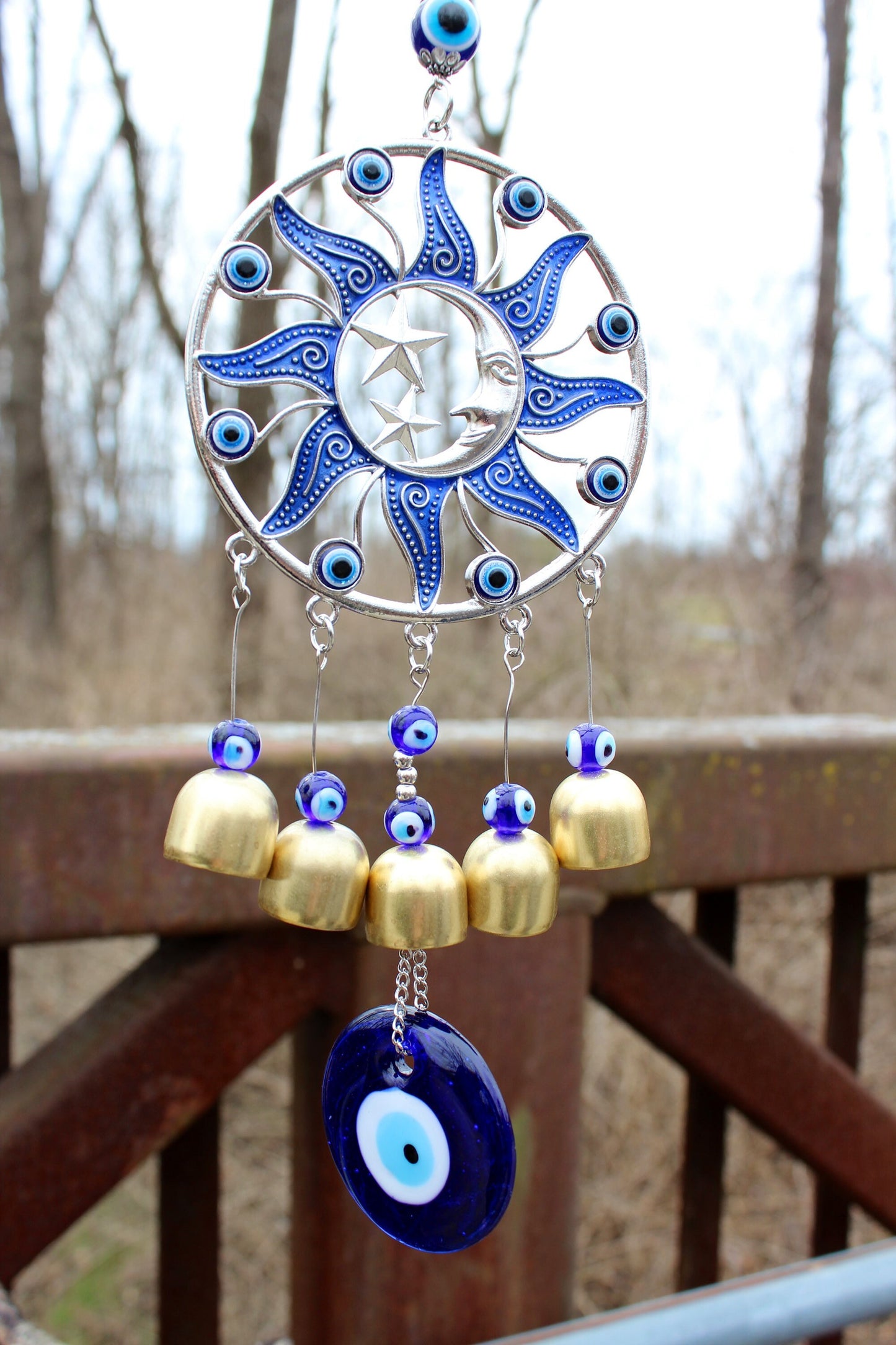 Sun Moon and Stars Evil Eye Hanger ~ Protection ~ 2” Beautiful indigo glass ~ 14”x4” ~ Bells~ Jeweled type hanger ~