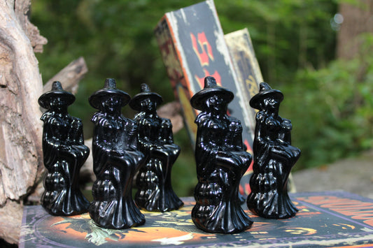 Black Obsidian Crystal Witch Carving ~ Detailed 4” ~ Witchy Gifts ~ Hocus Pocus ~ Flying Broomstick ~ Pumpkins