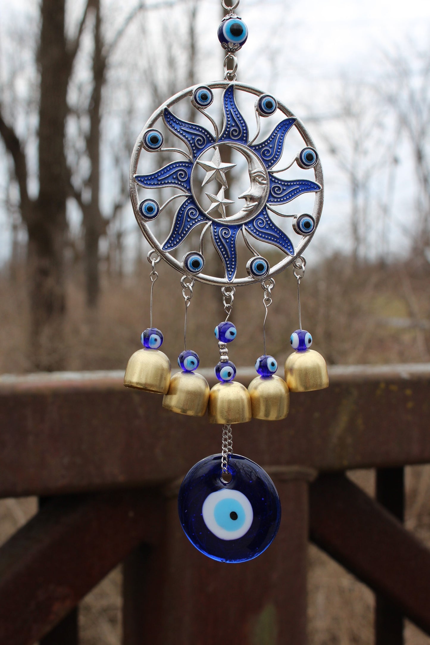 Sun Moon and Stars Evil Eye Hanger ~ Protection ~ 2” Beautiful indigo glass ~ 14”x4” ~ Bells~ Jeweled type hanger ~