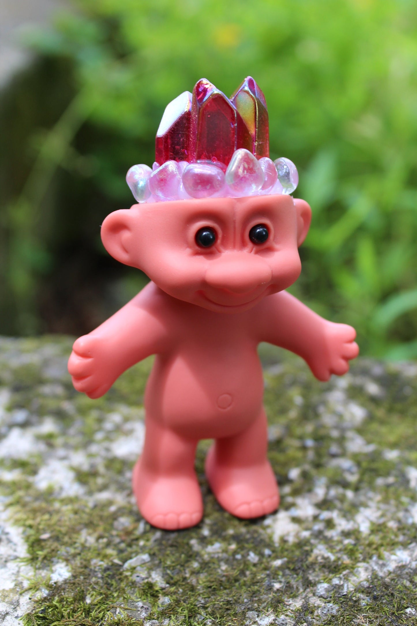 Aura Iridescent Clear Quartz Crystal Troll Doll  ~ 4” tall ~ Handmade ~ Vinyl Vintage Replica ~ Blue Pink Red  ~