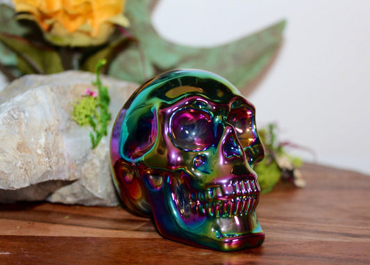 Aura Glass Skull ~Rainbow Titanium ~ 3” ~ Quality ~ 296 gram weight ~