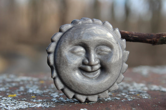 Silver Sheen Black Obsidian Happy Face Sun Crystal ~ 39 grams ~ 2” round and .40” thick ~ Shimmer~