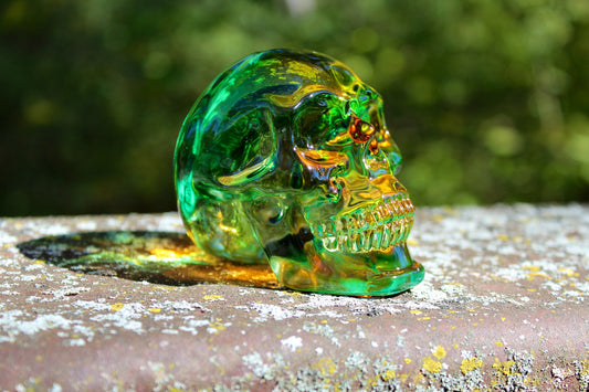 Aura Glass Skulls ~ Iridescent ~ Multicolored Green Yellow ~ 3” ~ Quality ~ 296 gram weight ~