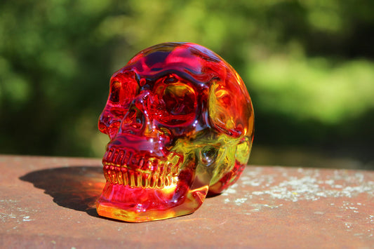 Aura Glass Skulls  ~ Multicolored Red Yellow Flame ~ 3” ~ 296 gram weight ~